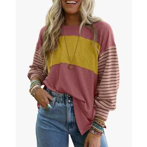 Dokotoo Long Sleeve Tops Oversized 2025 Trendy Round Crew Neck Casual Color Block Womens Shirts Blouses M