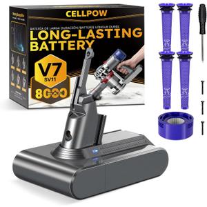 Upgraded 8000mAh V7/SV11 Battery Replacement Compatible with Dyson V7 Animal/Trigger/Motorhead/HEPA/Car+Boat/Absolute Series Cordless Vacuum Cleaner with 5 Filters (4 Pre + 1 Post)