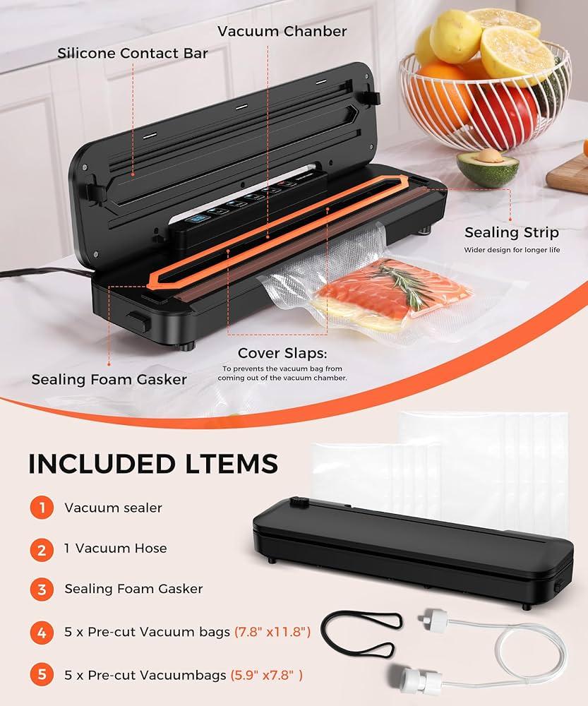 Vacuum Sealer Machine 75KPa Food with 6-in-1 Dry/Moist Modes & Digital Timer, Compact Lightweight Design, Built-in Cutter + 10 Bags 