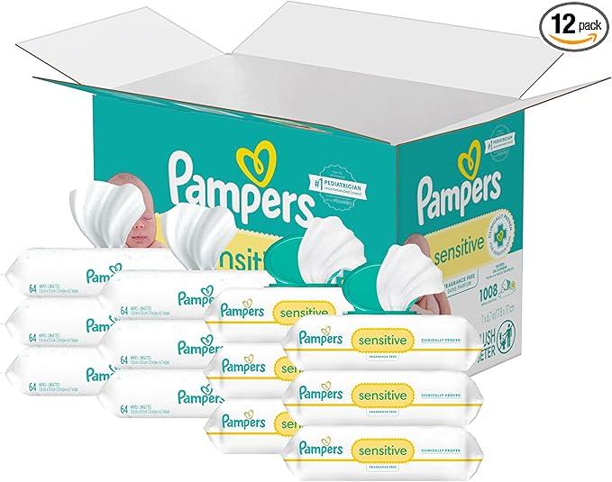 Pampers Sensitive Baby Wipes, Water Based, Hypoallergenic and Unscented, 8 Flip-Top Packs, 4 Refill Packs (1008 Wipes Total)