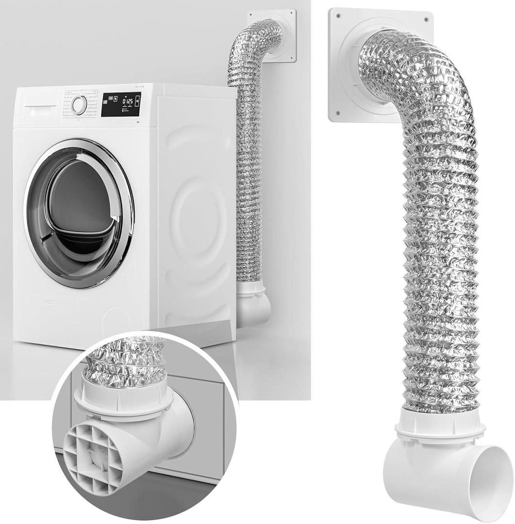 Dryer Vent Hose for Tight Space, 90 Degree Dryer Vent Elbow with Wall Plate, 8ft Hose & Seal Kit  Fits 4" Dryer Ducts, Quick Connect & Disconnect, Space-Saving and Makes Vent Cleaning Easier
