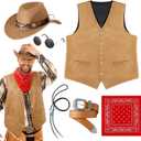 Vabean 6 Pcs Cowboy Costume Men Western Outfit Cowboy Vest Hat Necklace Belt Buckle Bandana Glasses for Rave Accessories (Medium, Brown)