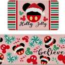Christmas Kitchen Rugs Set of 2, Xmas Peppermint Candy Holly Jolly Kitchen Mats Decor, Funny Winter Holiday Believe Floor Door Mat Home Decorations - 17x29 and 17x47 Inch (Christmas Pink Mouse)