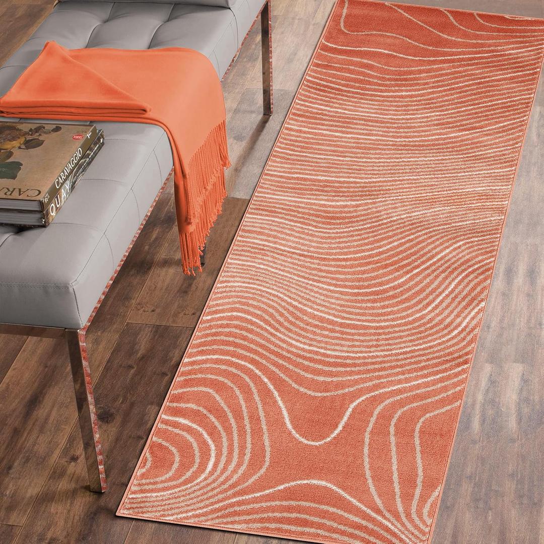 Superior Indoor Runner Rug, Plush Carpet Cover, High-Traffic Rugs, Jute Backing, Hallways, Entry, Office, Living Room, Kitchen, Modern Abstract Wood Grain, Veer Collection, 2' 7" x 8', Coral
