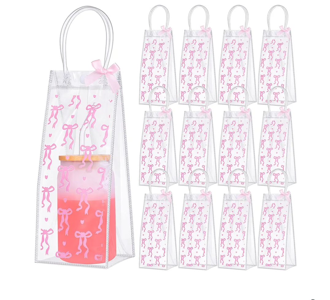Sweetude 12 Pcs Pink Bow PVC Clear Gift Bag with Handle Ribbon Bowknot for 12oz 16oz 20oz Drinking Glasses Jars Tumbler Treat Gift Bag Reusable Bowtie Coquette Aesthetic Wedding Birthday Favor