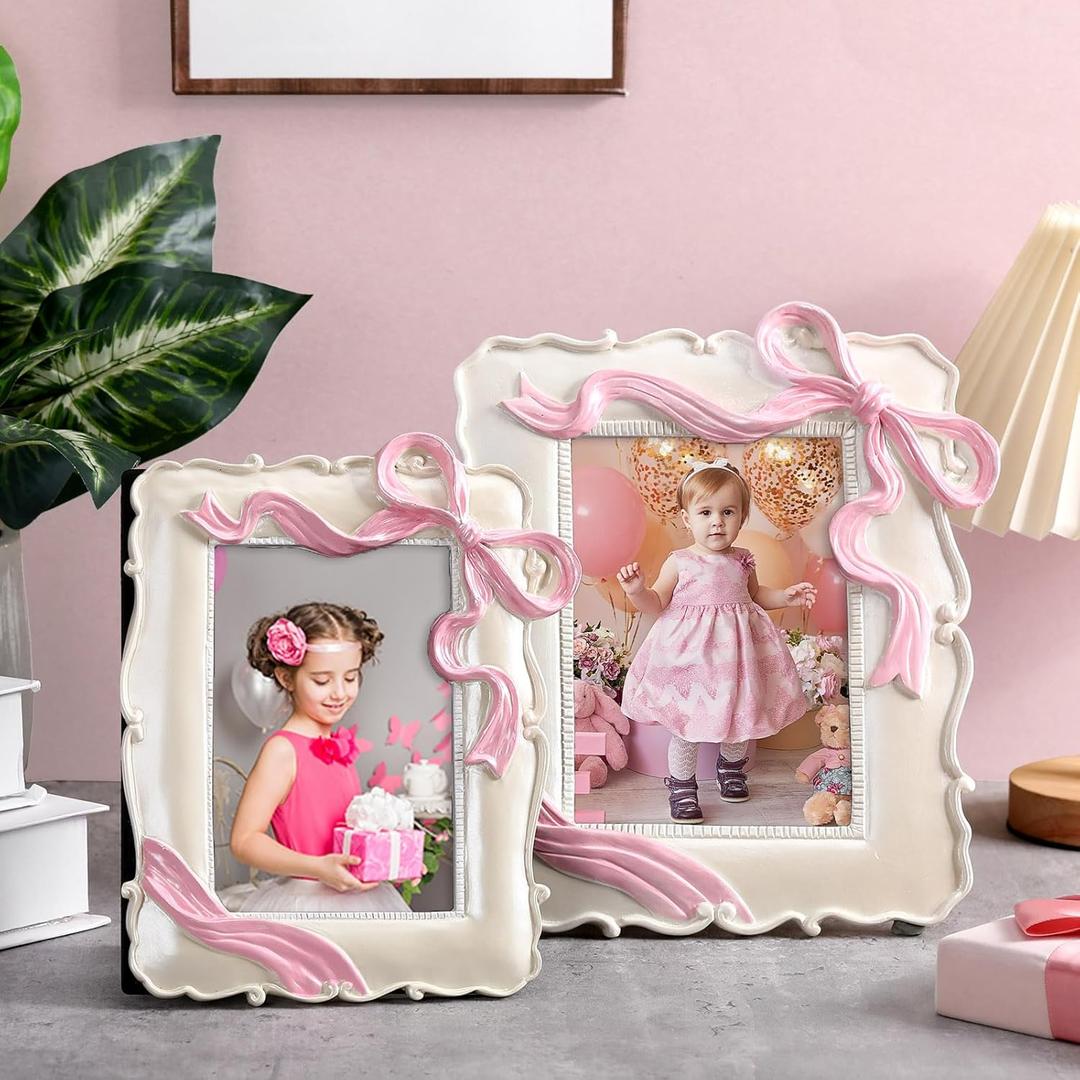 Chunful 2 Set Pink Bow Picture Frames 5 x 7 Inch Coquette Baby Shower Decorations 4 x 6 Inch Vintage Picture Photo Frames Pink Ribbon Bow Room Decor Cute Girly Birthday Gifts for Tabletop Wall Hanging