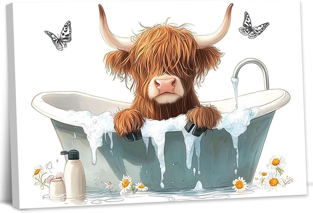 YMXZHUANSH Highland Cow in Bathtub Wall Art Cow Bathroom Canvas Print Funny Animal and Butterfly Artwork for Washroom Restroom Decor Frame(Brown 12L x 18W) Brown