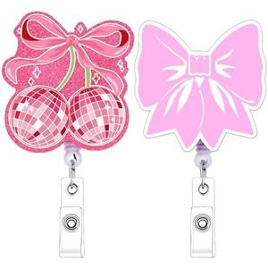 Cosmisun Pink Bow Badge Reel - 2Pcs Conquette Badge Holder Cute Glitter Retractable Clip Pink Coquete Bow Retractable Badge Holders with ID Clip for Lover Nurse Student Doctors Teacher Office Worker