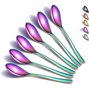 Rainbow Teaspoons, 4-Piece Silverware, Stainless Steel Tea Spoons, Home & Restaurant Use, Dishwasher Safe (6.6 Inches)