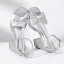 Mofri Showhow Platform Chunky Heels Women's Chunky High Heel Sandals Ankle Strap Open Toe Pump Bowknots Wedding Sandals for Wedding Bridal Party (Silver)