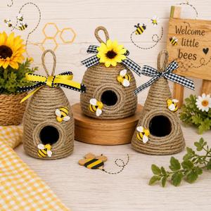 Bee Hive Decor,3 Pack Bumble Bee Rustic Hive,Natural Bee House, Bumble Bee Theme Party Decor Spring Summer Rustic Farmhouse Kitchecn Table Decorations, Honey Bee Tiered Tray Decoration