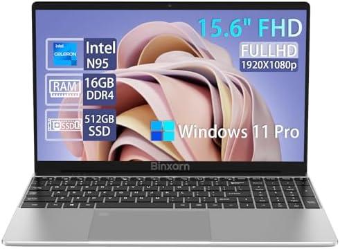 Binxarn 15.6" Laptop Computer, 16GB DDR4 RAM/512GB SSD, N95 Quad Core (up to 3.4 GHz), 1920x1080 FHD IPS Display, Win-11 laptops Computers, 2.4/5G WiFi and Bluetooth 4.2 (Space Silver)