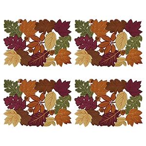 OWENIE 4 PCS Thanksgiving Placemats for Dining Table, 13 x 19 Inch Set of 4 Embroidered Maple Leaves Table mats for Fall, Harvest Applique Leaf for Autumn Decorations