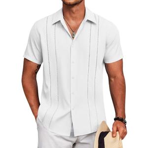 COOFANDY Mens Cuban Guayabera Shirt Short Sleeve Button Down Shirts Summer Beach Vacation Shirts (White, L)