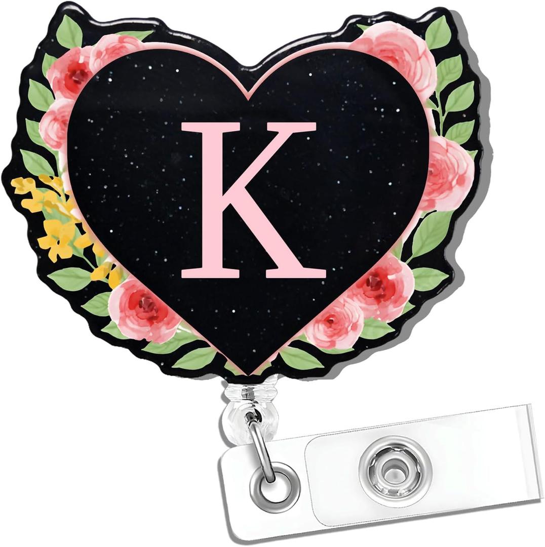 5 x Letter K Acrylic Badge Reel with Glitter - Sparkling Christmas Gift for Nurses, Teachers, Students & Office, Holiday ID Holder for RN, CNA, LPN