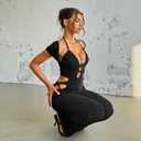 Molilove Women's Sexy Jumpsuits Short Sleeve Hollow Out Flare Pants Rompers Sexy One Piece Outfits Going Out (Black, M)