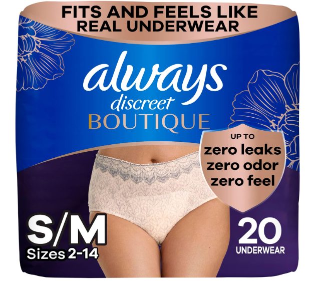 Always Discreet Boutique Incontinence and Postpartum Underwear for Women, Maximum Protection, Small/Medium, Rosy, 20 Count