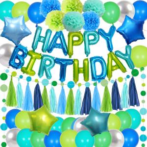Blue and Green Birthday Decorations - Teal Blue Happy Birthday Banner, Mermaid Ocean Bubble Circle Dot Garland, Tissue Flowers, Tassels Garland, Balloons for Women Men Party Supplies