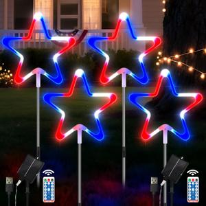 4 Pack 4th of July Decorations Solar Lights Outdoor, Red White and Blue Patriotic Lights with Big LED Neon Star, Timer Remote Stake Pathway Light with 8 Modes for Independence Day Garden Decor