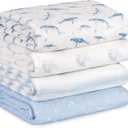 Muslin Swaddle Blankets for Newborn, 4 Pack Cotton Baby Blankets for Boys, Large 31.5 x 43.3 Breathable Soft Receiving Blanket, Essentials Swaddle Wrap Burping Clothes, Blue Whale