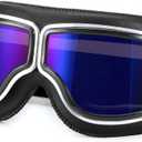 FEISEDY Motorcycle Goggles Vintage Anti Fog Pilot Style Leather Riding Glasses Safety Sport Eyewear B0046 (Black Frame/Blue Mirrored Lens)