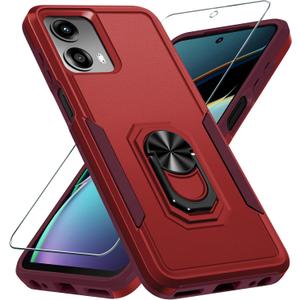 Janmitta Compatible with Moto G 5G 2024 Case with Screen Protector,Heavy Duty Shockproof Full Body Protective Cover Built in Rotatable Metal Ring Holder Kickstand,Red