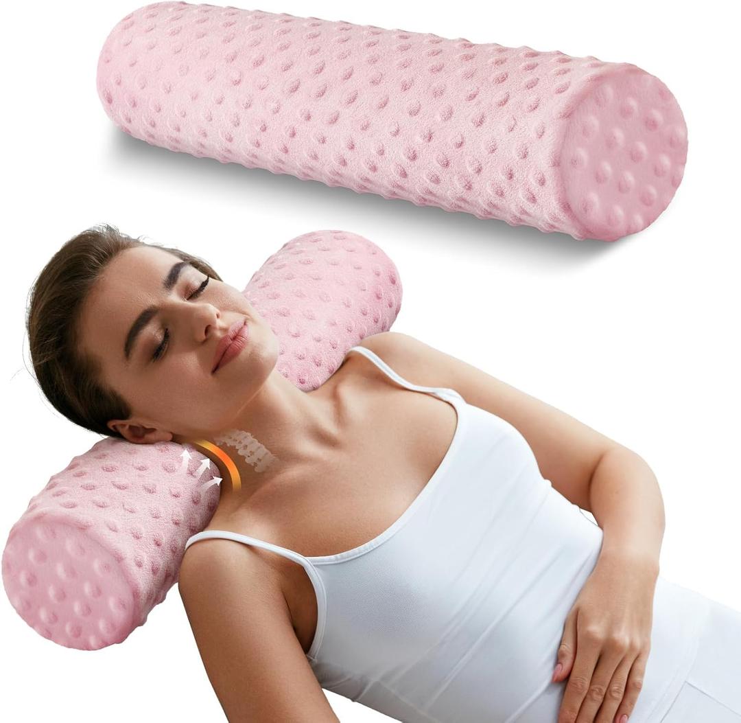 Memory Foam 4" Round Pillow, Cervical Neck Pillow for Pain Relief, Cylinder Pillows 18"x 4", Removable Cover, Neck Roll Pillow for Sleeping, Velvet Dots, Pink