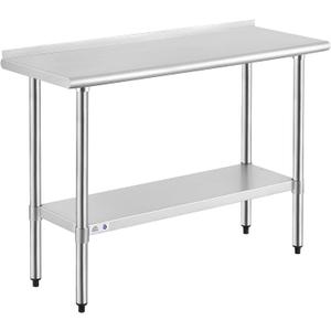 ROCKPOINT Stainless Steel Table for Prep & Work with Backsplash 18x48 Inches, NSF Metal Commercial Kitchen Heavy Duty Table with Adjustable Under Shelf and Table Foot for Restaurant, Home and Hotel