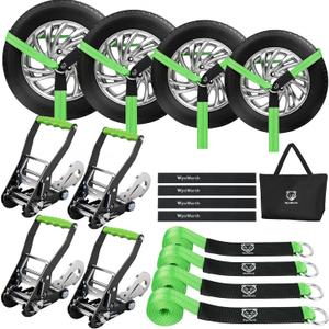 4 Pack Car Tie Down Straps for Trailers, Tire Ratchet Strap with Snap Hooks, 2" x8' 10,000lbs Break Strength -T-Handle Car Hauler Tire Lasso Wheel Straps for Hauling UTV, Truck, SUV