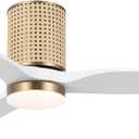 LEDLUX 52" Ceiling Fan with Light - Low Profile Flush Mount Ceiling Fan, 6-Speed Remote Control, Solid Wood, Quiet Reversible DC Motor, White/Gold Finish, for Bedroom, Living Room, Porch