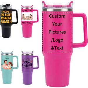 Personalized 40oz Tumbler with Handle and Straw - Custom Your Picture Name Logo Text on Insulated Stainless Steel Travel Cup, Leak-Proof 2-in-1 Lid, Gifts for Mom Dad Friends, Magenta