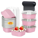 LOKQING 50 Pack Mini Cake Pans with Lids and Spoons Small Aluminum Foil Pans Square Baking Cups Disposable Ramekins Cupcake Liners for Brownie Pie (Pink, 10 oz)