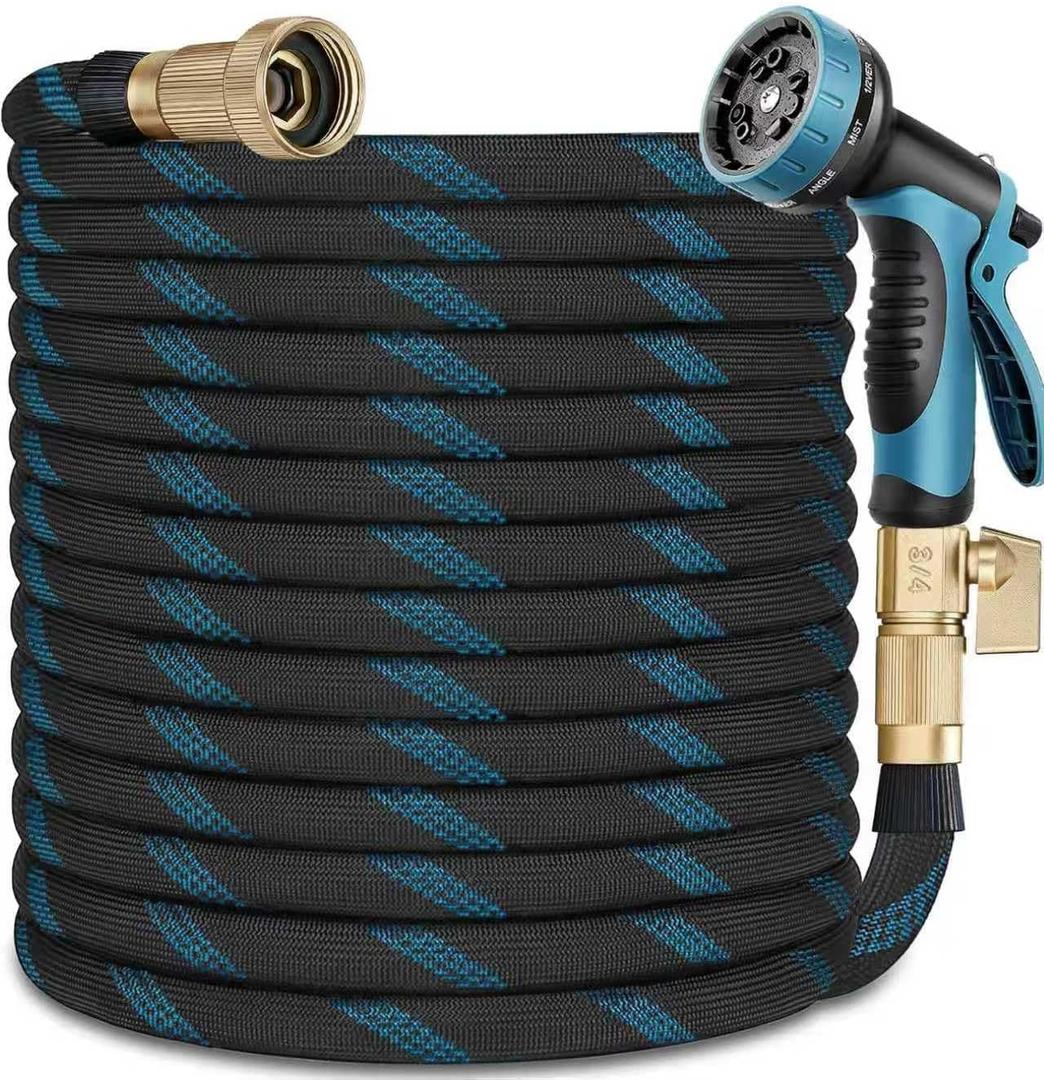 Garden Hose 100 ft, Leak Proof, Kink-Free Water Hose with 10 Function Spray Nozzle, Lightweight, Flexible, Fabric Portable Hose for Gardening, Blue