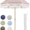 Tempera 7ft Outdoor Patio Umbrella with Carry Bag,Beach Umbrella with Fringe|Vintage Tassel Umbrella with Prime Steel Pole and Ribs Push Button Tilt,Ideal for Garden Lawn,UPF50+ (RED STRIPE)
