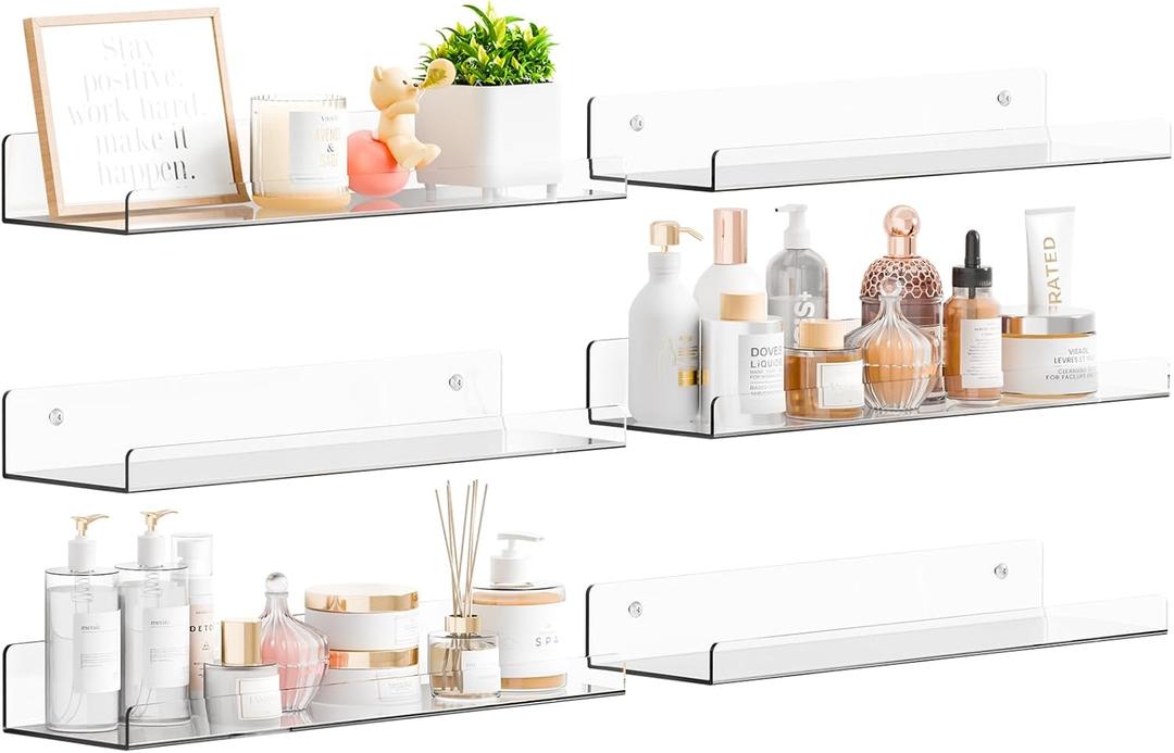 Yieach 6 Pack 15" Acrylic Shelves for Wall, Bathroom, Bedroom - with Adhesive - No Drilling Clear Floating Shelves for Funko Pop, Lego, Action Figures, Nail Polish, Perfume Shelf and Wall Storage & Display