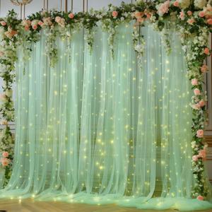 10x10ft Olive Green Tulle Backdrop Curtain with Lights String for Parites, Sheer Photo Backdrop Curtains for Wedding Baby Shower Birthday Party St. Patrick's Day Photo Shoot Background Decorations