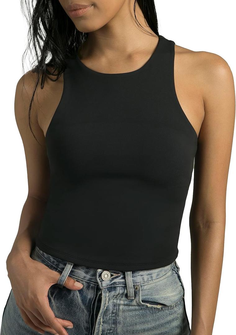 Colorfulkoala Women's High Neck Tank Tops Body Contour Sleeveless Crop Double Lined Yoga Shirts (Medium, Black)