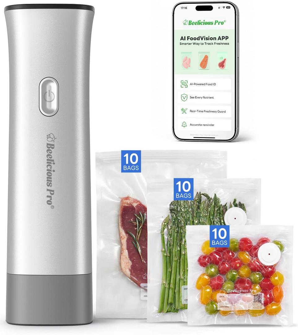 Handheld Vacuum Sealer for Food, Vac Sense Series 75kPa Compact Vacuum Sealer Machine with 2000mAh Battery, Cordless & Portable, 30 BPA-Free Reusable Bags for Meal Prep, Travel & Kitchen, Silver