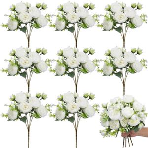 Crowye 8 Bundles Artificial Peonies Realistic Flowers with Stems Bouquet Peonies for Table Centerpieces Wedding Decoration Bridal Floral Arrangement (White)