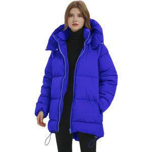 PEHMEA Women Mid-Length Puffer Hooded Jacket Winter Padded Warm Coat Thicken Outerwear Coats (Blue) Medium