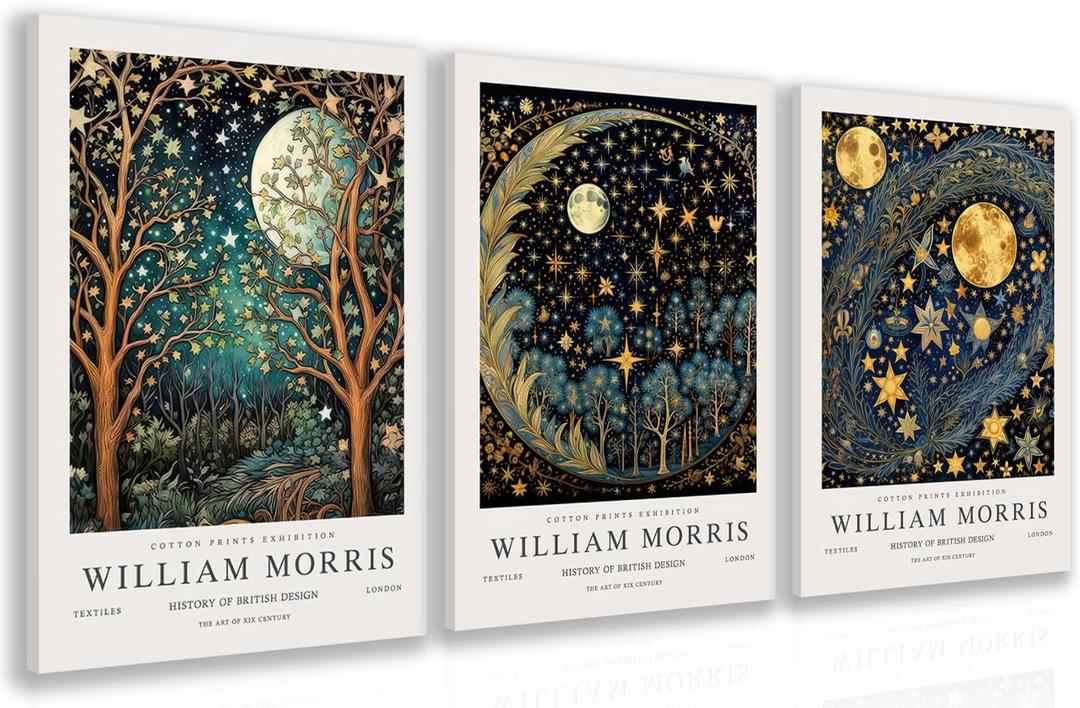 Hianan William Morris Framed Canvas Wall Art, Vintage Gold Moon Stars Poster Prints, Many Dreamlike Stars Wall Decor, Retro Botanical Aesthetic Picture for Bedroom Living Room Office 12"x16"x3 (Dark Blue,Gold)