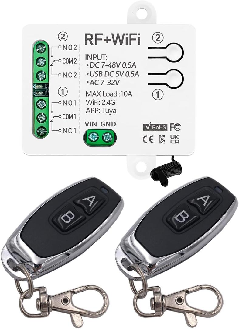 DieseRC Tuya 2 Channels WiFi Smart Switch, DC 5V 12V 24V 36V Passive Output Relay Module, with 2 pcs RF Remote Control, Compatible with Alexa/Google Home