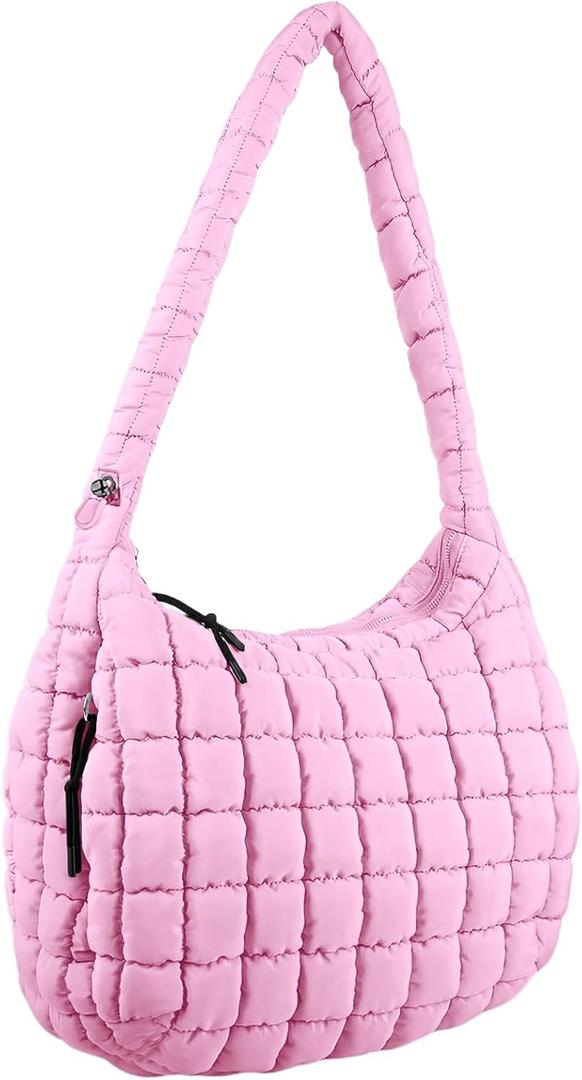 Quilted Puffer Tote Bag Large Crossbody Shoulder Bag Nylon Puffy Bubble Bag with Adjustable Shoulder Strap (Pink)