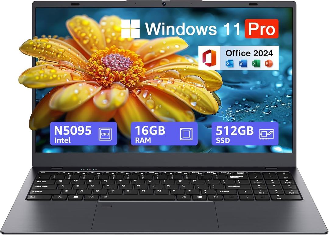15.6-inch Windows 11 Laptop, 16GB RAM, 512GB SSD, FHD IPS Display Laptop Computer, Intel N5095 Quad Core, 2.4/5G WiFi, BT4.2 Backlit and Fingerprint, Lightweight and Portable