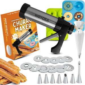 Churro Maker Machine 4in1 | Authentic Churros & Donuts at Home | Churro Gun with 16 Discs, Filling Injector & Piping Kit | Stainless Steel BPA-Free | Cookie Press Included