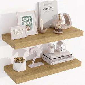 Acovy 24 Inch Floating Shelves, 3D Textured Wood Grain, 24"x9.25"x1.5" Inch Deep Floating Shelves for Wall, Wooden Shelves for Bathroom, Bedroom, Living Room, Natural, 2 Pieces, 24"x9.25"-2pcs