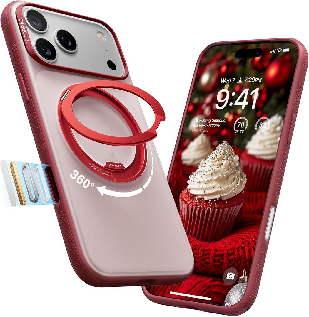 TORRAS 360 Magnetic Stand for iPhone 17 Pro Max Case, [Fit for MagSafe] [4X Military-Grade Protection] Slim Case for iPhone 17 Pro Max, 6.9", Translucent Burgundy Red, Ostand O3 Fitness Series