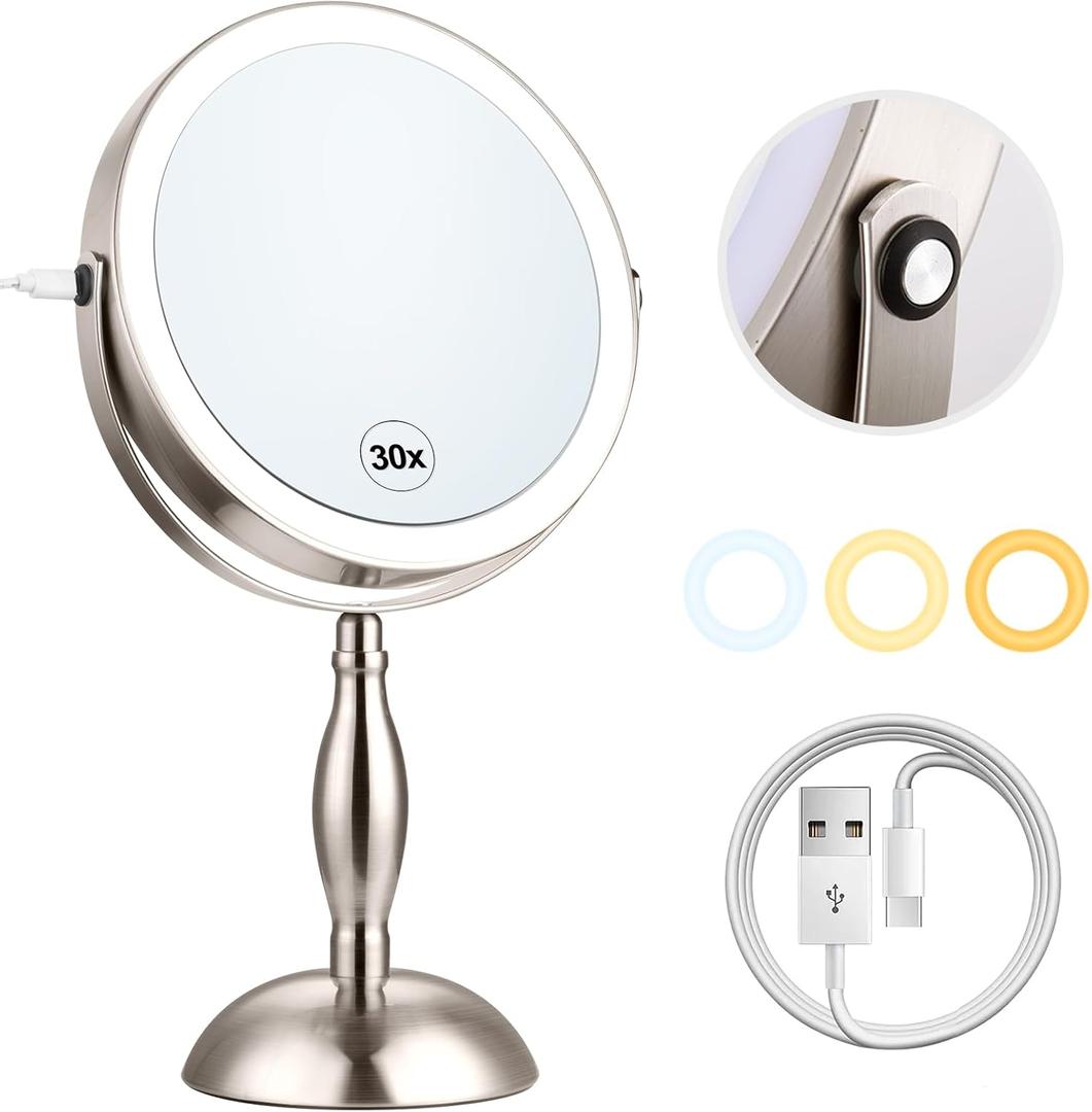 Makeup Mirror with Lighted, 30x Magnifying Mirror with 3 Lights Colors, Vanity Mirror Brushed Nickel - 360 Rotation, Brightness Adjustable Magnification, Modern Style Side Touch + Side Charge