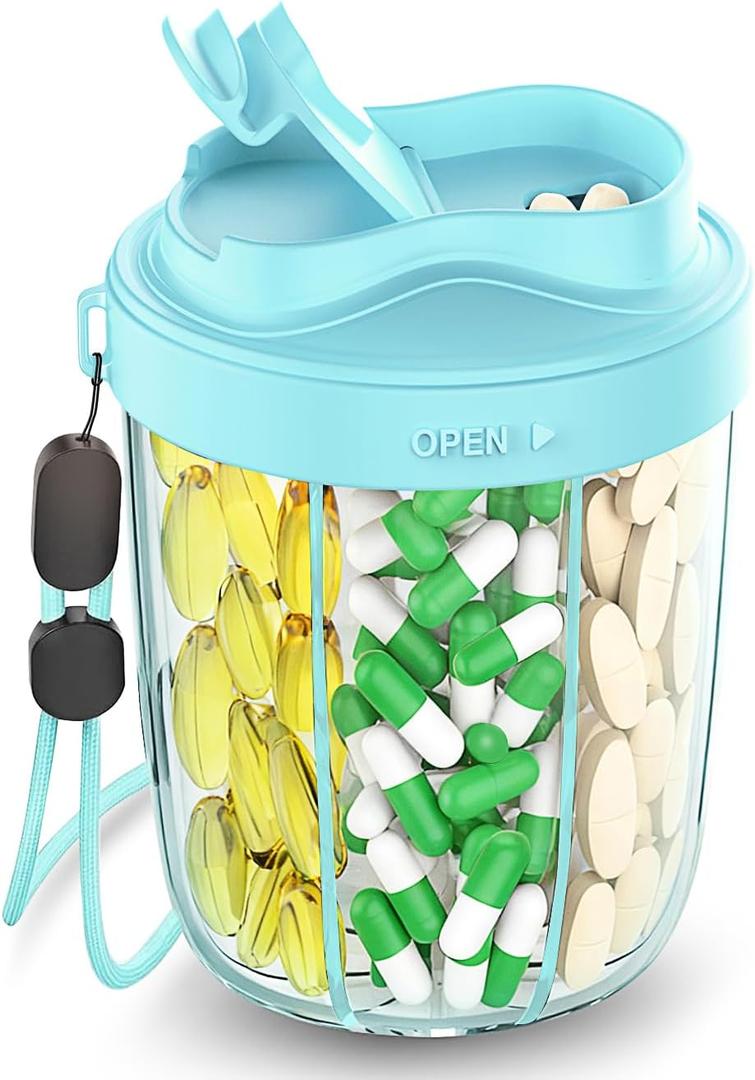 Large Pill Dispenser to Store 7 Various Supplements - Pill Organizer & Supplement Organizer for Travel, Anti-Mixing Design, with Strap & 20 Sticky Labels (Blue)
