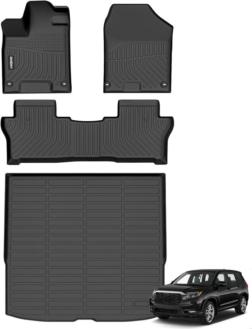 GINOWY-Floor Mats & Cargo Liner for Honda Passport 2019-2024 2025, TPE All Weather Protection Car Mats Custom Anti-Slip Trunk Mat 2025 Passport Floor Liners Waterproof Passport Accessories Black